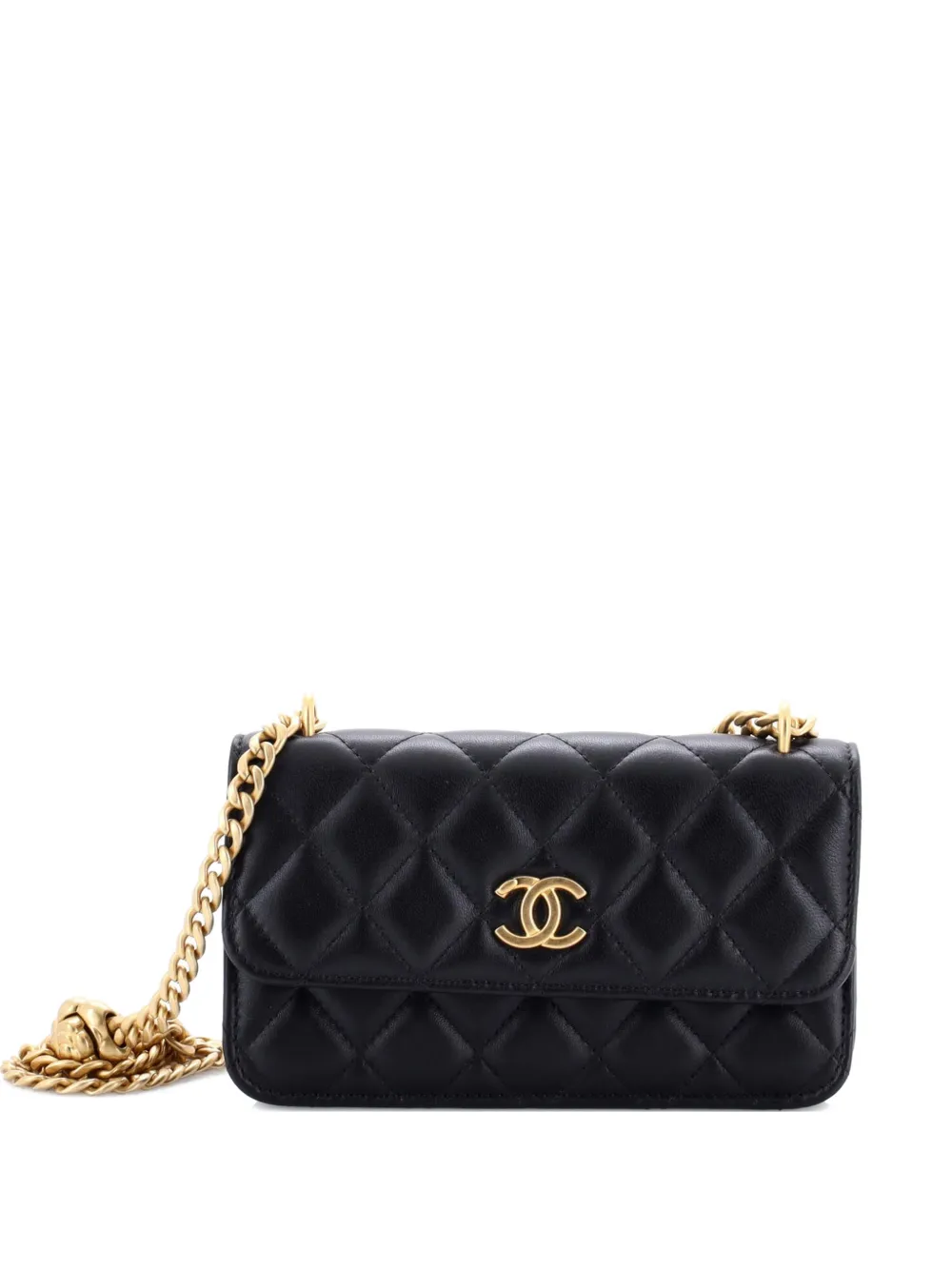 CHANEL Pre-Owned Sweet Camellia Flap Phone Holder with Chain Quilted Lambskin shoulder bag - Nero