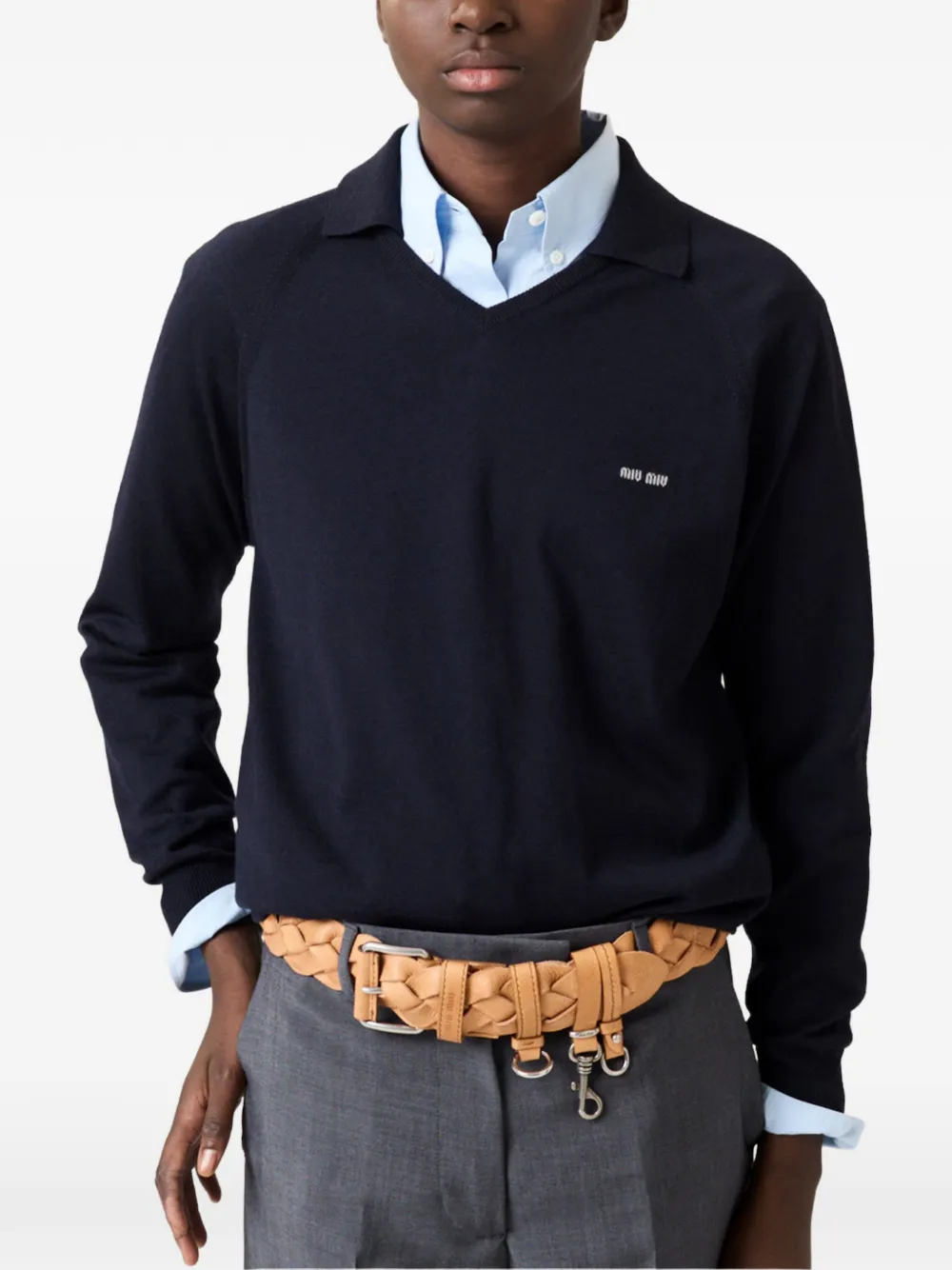  Miu Miu V-neck Long-sleeved Sweater - Blue 