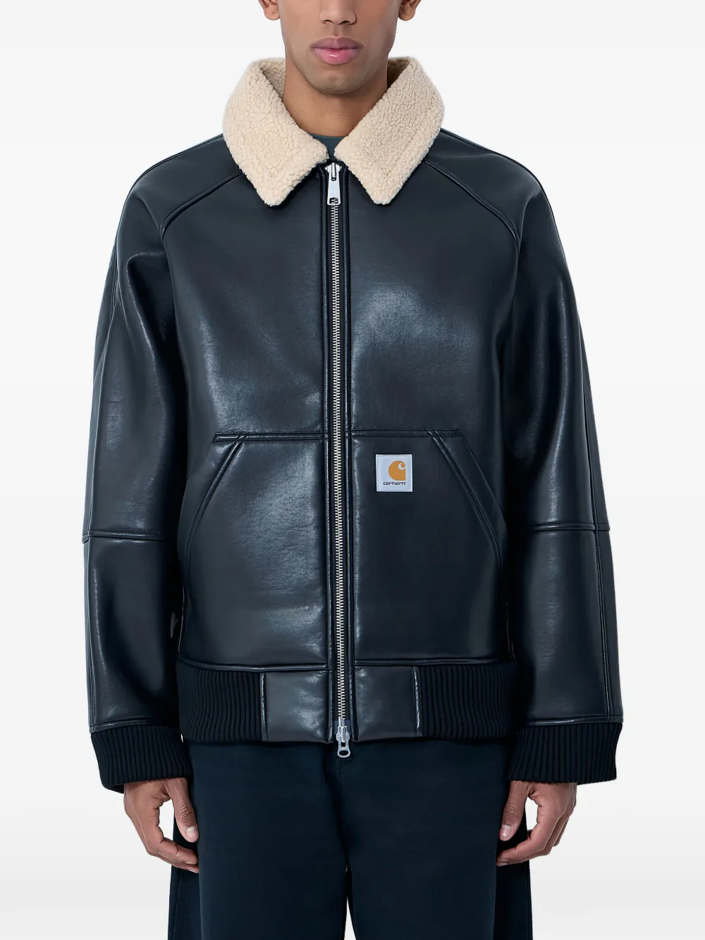 Carhartt WIP shearling collar ribbed leather jacket - Nero
