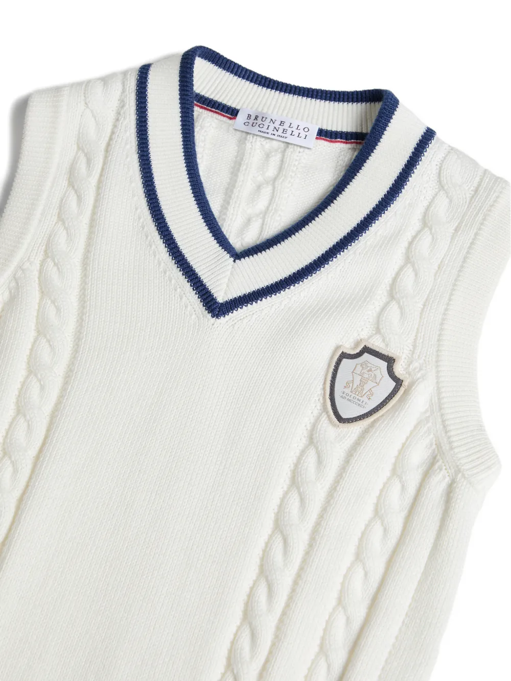 Brunello Cucinelli Kids Katoenen kabelgebreide sweater met logo Wit