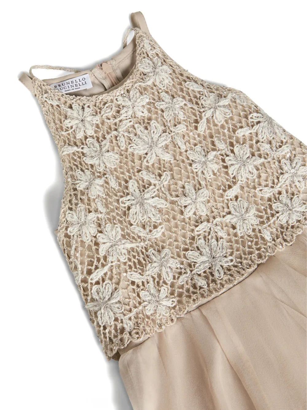  Brunello Cucinelli Kids Daisy-embroidery Beaded Silk Dress - Neutrals 