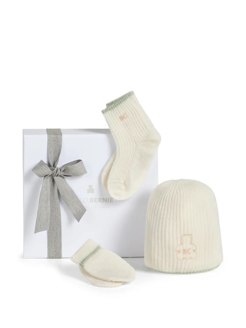 Brunello Cucinelli Kids English kasjmier ribgebreide Baby Bernie muts handschoenen en sokken set Beige