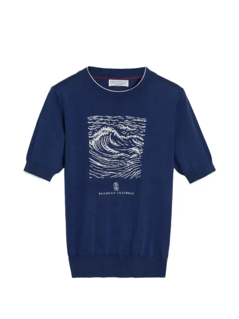 Brunello Cucinelli Kids Cotton lightweight knit T-shirt with 'water' intarsia