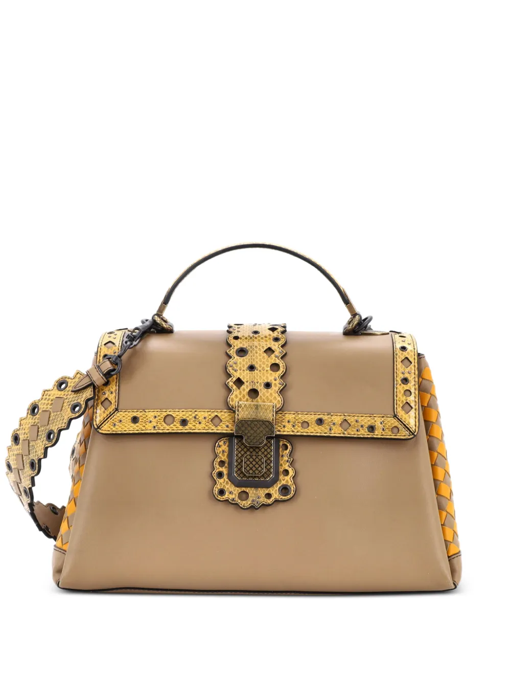 Bottega Veneta Pre-Owned Piazza Top Handle Bag Leather with Intrecciato Detail and Snake Embossed Detail Medium satchel - Marrone