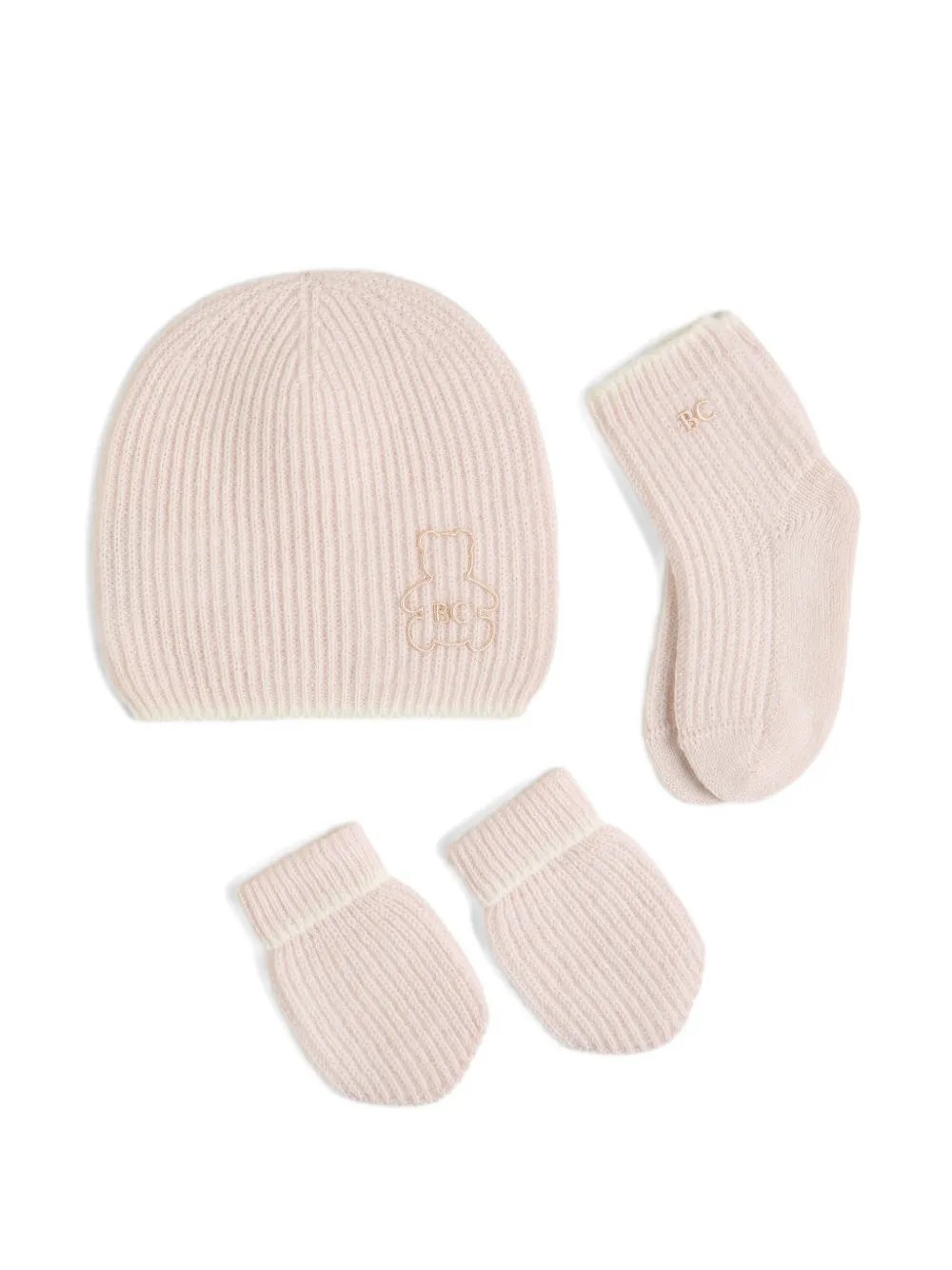 Brunello Cucinelli Kids cashmere English rib knit Baby Bernie beanie, gloves and socks set - Rosa