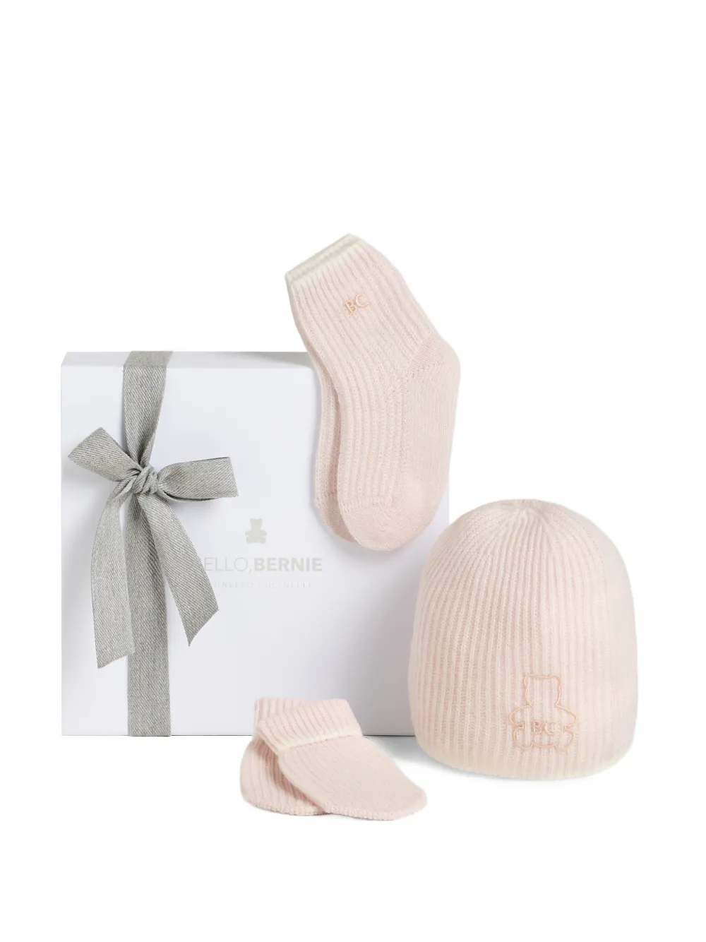 Brunello Cucinelli Kids English kasjmier ribgebreide Baby Bernie muts handschoenen en sokken set Roze