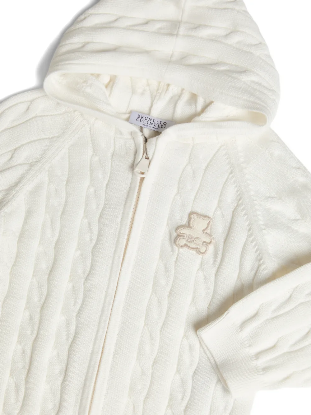 Brunello Cucinelli Kids Katoenen kabelgebreide Baby Bernie sweater met capuchon Wit