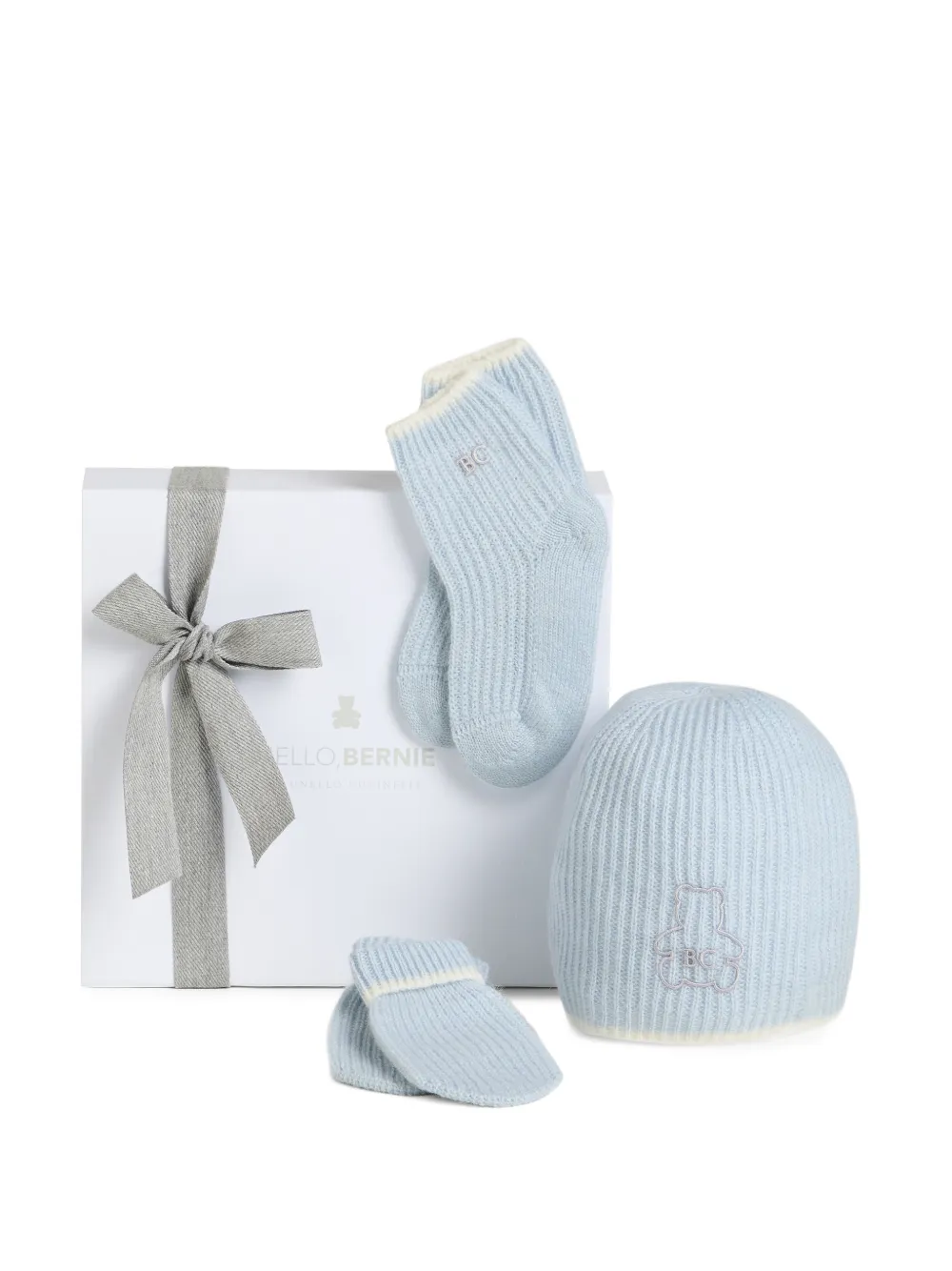 Brunello Cucinelli Kids English kasjmier ribgebreide Baby Bernie muts handschoenen en sokken set Blauw