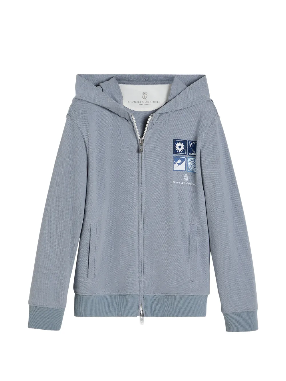 Brunello Cucinelli Kids cotton piqué hodded sweatshirt with print and zipper - Blu