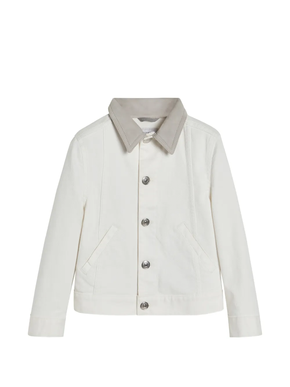 Brunello Cucinelli Kids garment-dyed outerwear jacket in comfort cotton lightweight denim with suede collar - Bianco