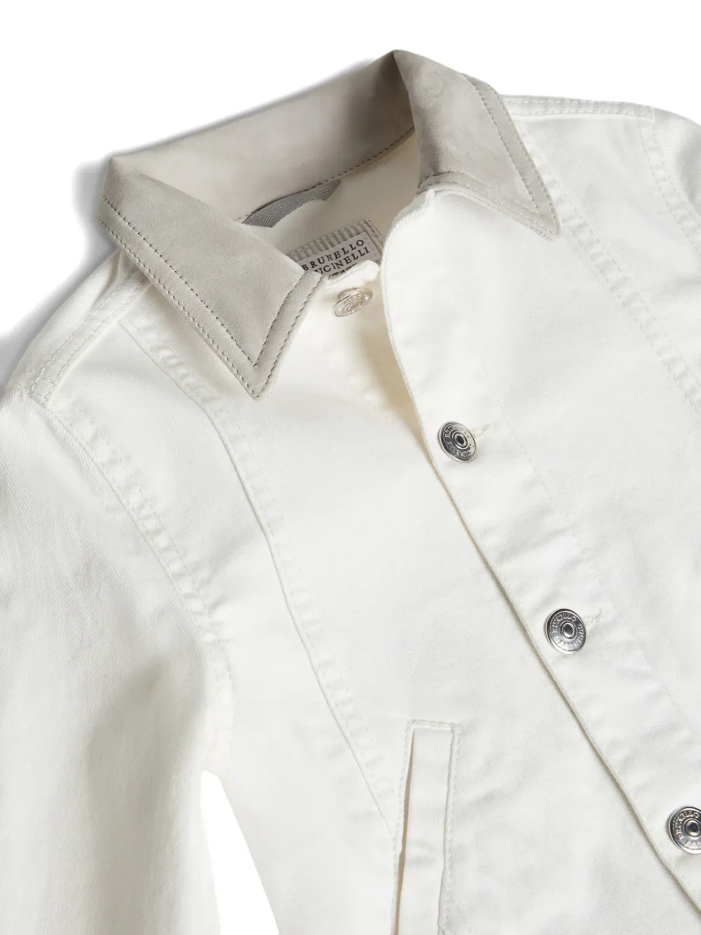  Brunello Cucinelli Kids Garment-dyed Outerwear Jacket In Comfort Cotton Lightweight Denim With Suede Collar - White 