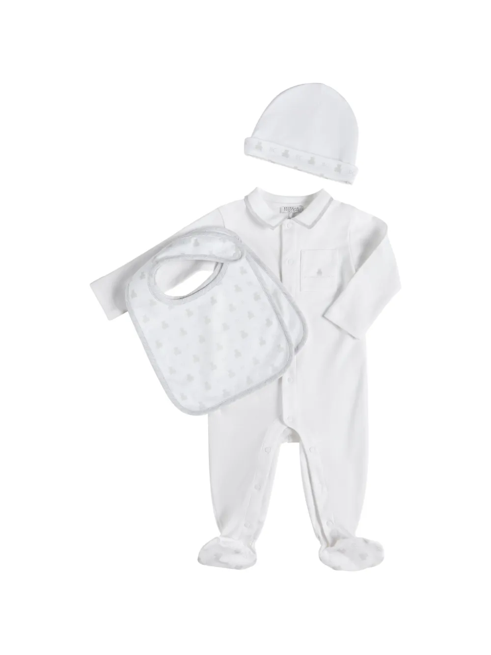 Brunello Cucinelli Kids Baby Bernie Schlafanzug, Hut und Lätzchen-Set - Weiß