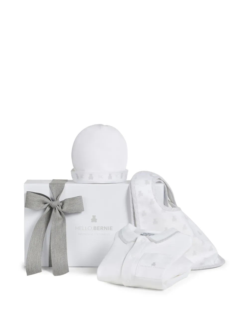  Brunello Cucinelli Kids Combinaison De Nuit, Chapeau Et Bavoirs Baby Bernie En Coton Interlock - Blanc 
