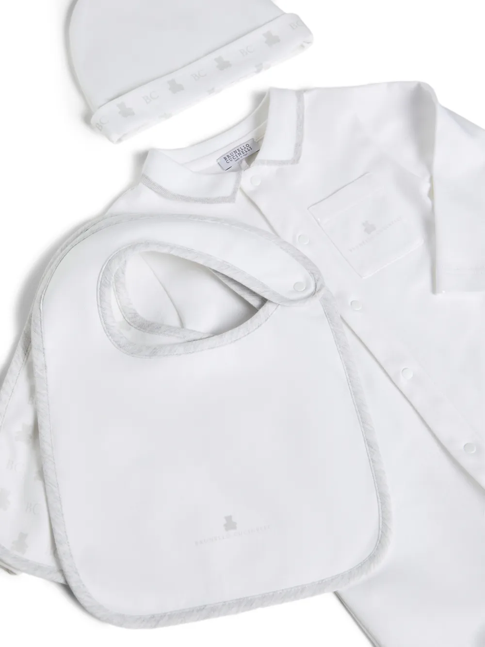  Brunello Cucinelli Kids Combinaison De Nuit, Chapeau Et Bavoirs Baby Bernie En Coton Interlock - Blanc 