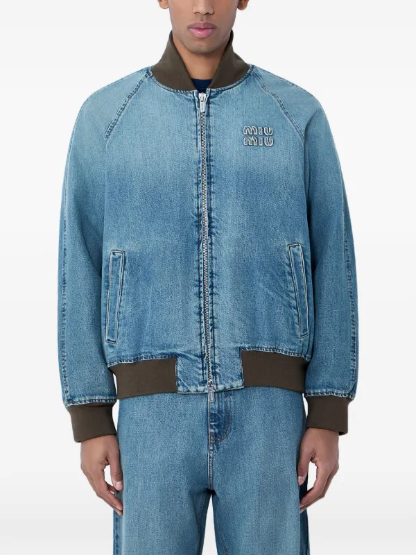 Miu Miu Rib Trims Logo Denim Jacket in Blue