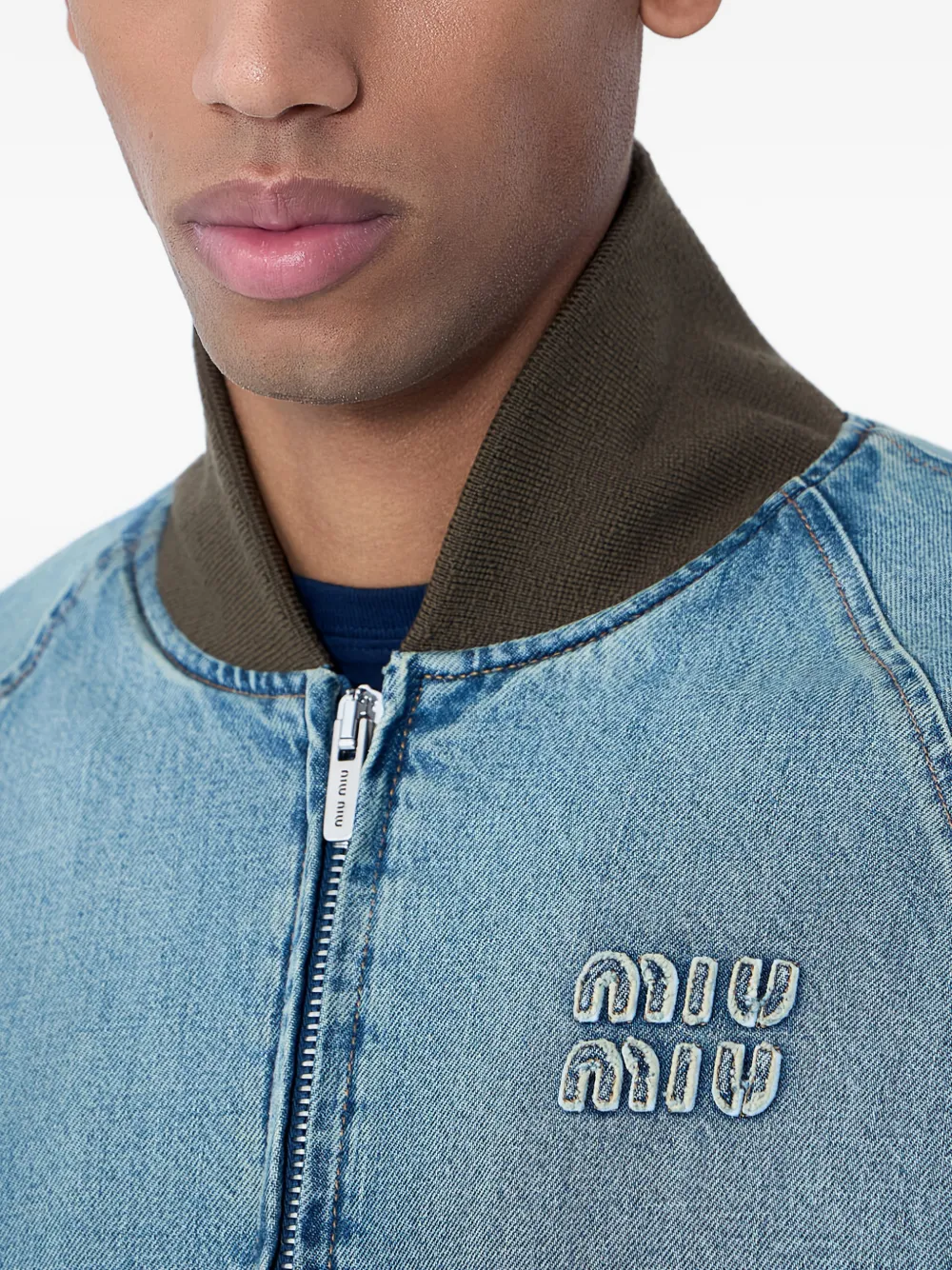 Miu Denim jack met logo afwerking Blauw