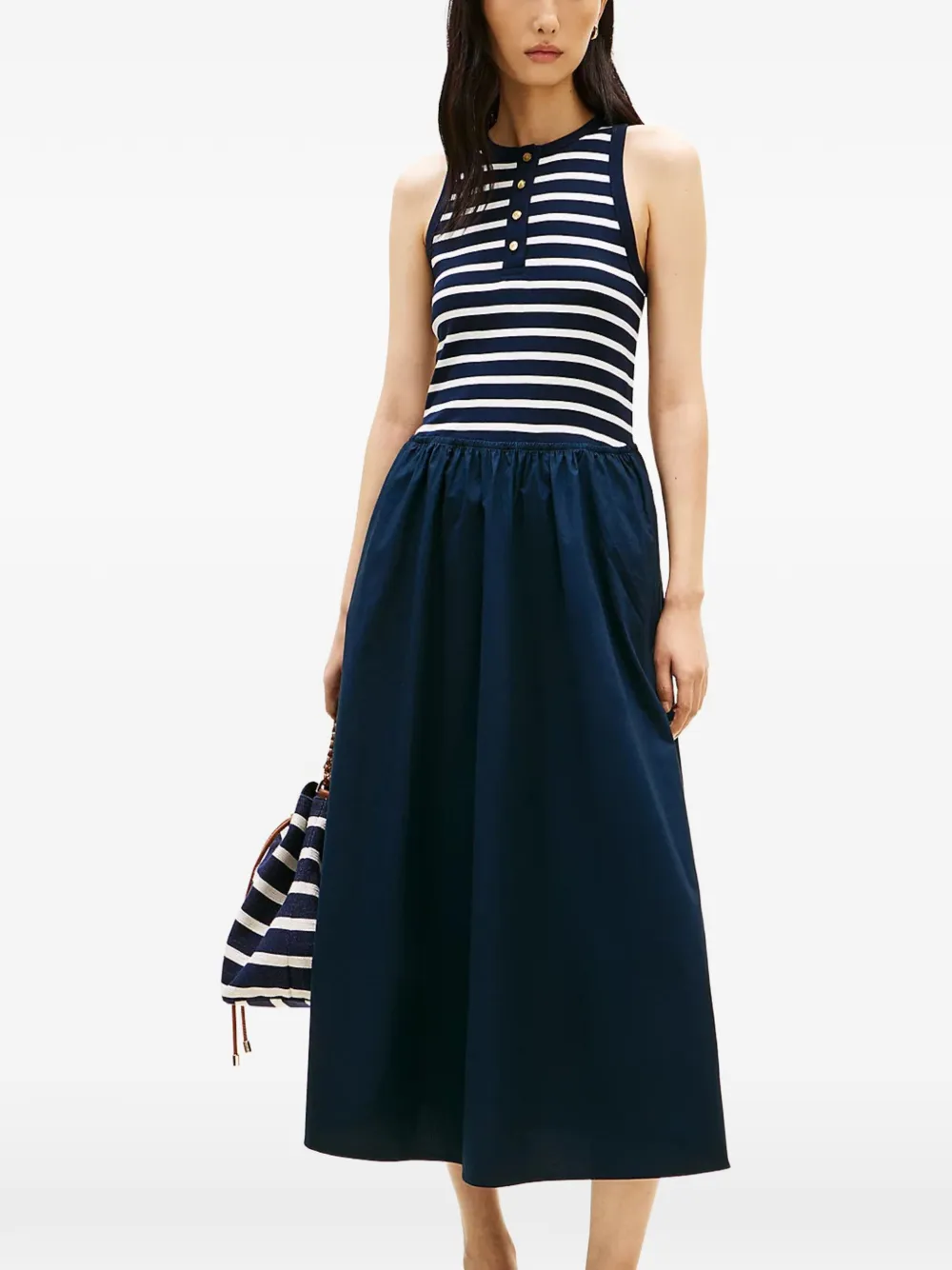 Tommy Hilfiger Sleeveless Dress Gold Buttons Striped Skirt In Blue