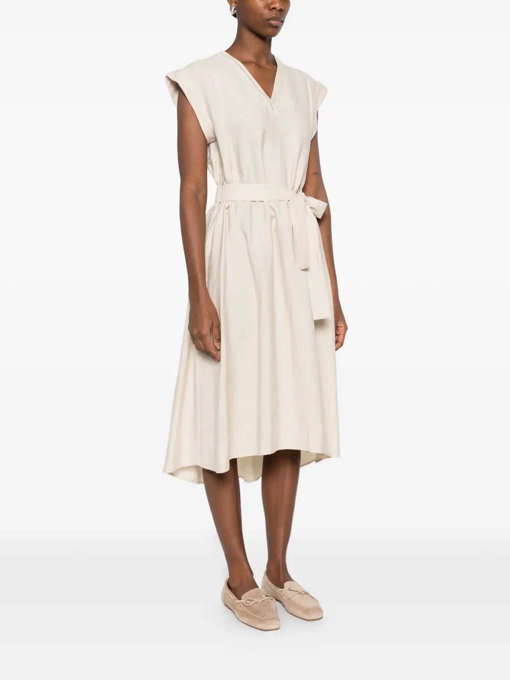 Peserico Midi-jurk met V-hals en ceintuur Beige