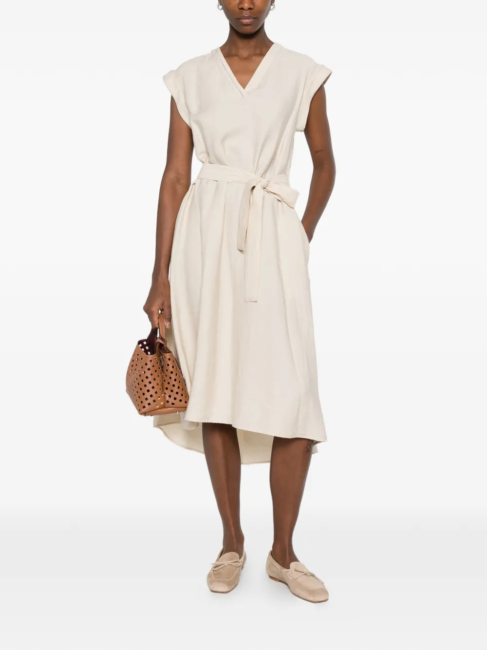 Peserico Midi-jurk met V-hals en ceintuur Beige