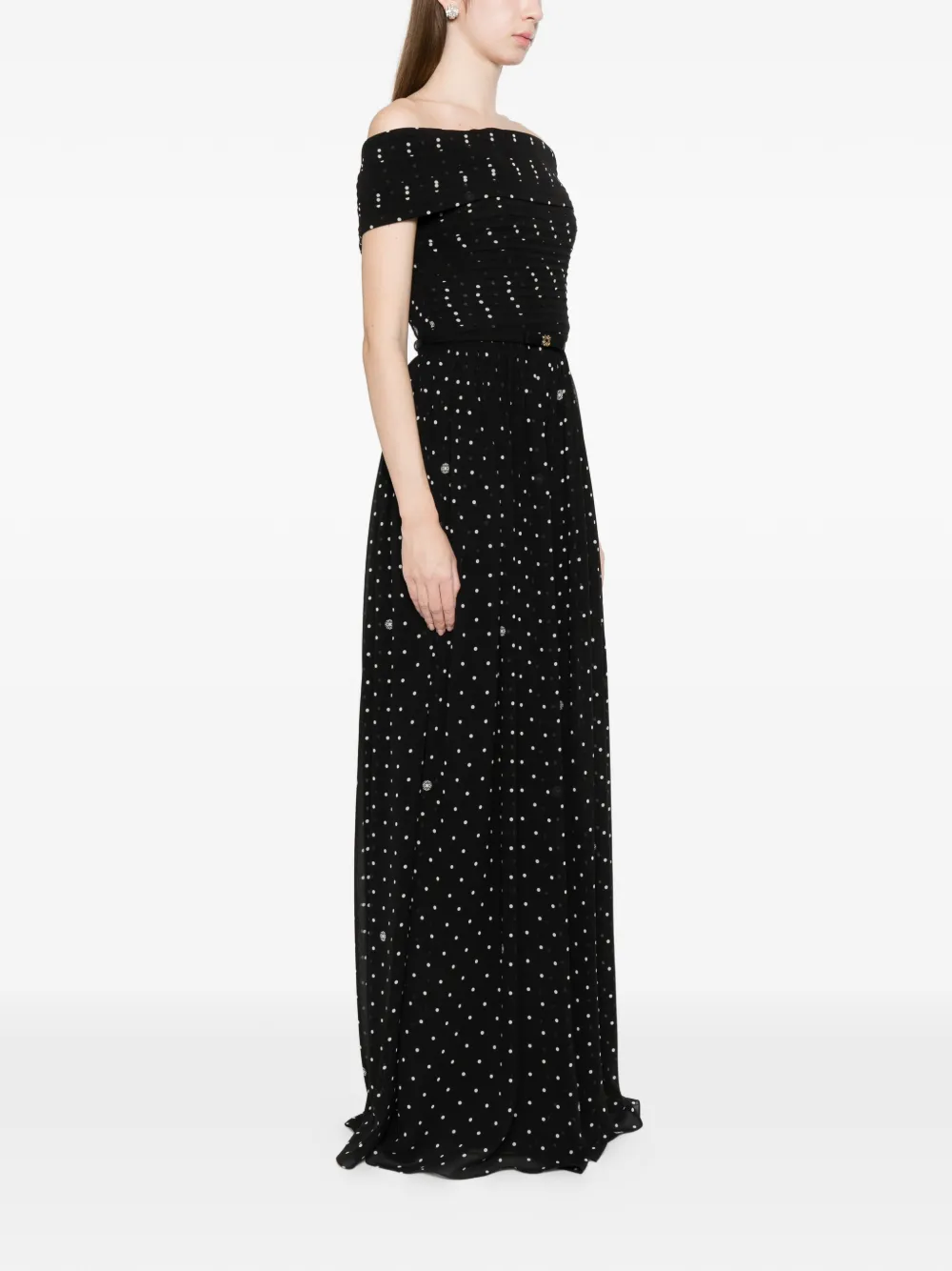 Elie Saab Off-shoulder maxi-jurk met stippen Zwart