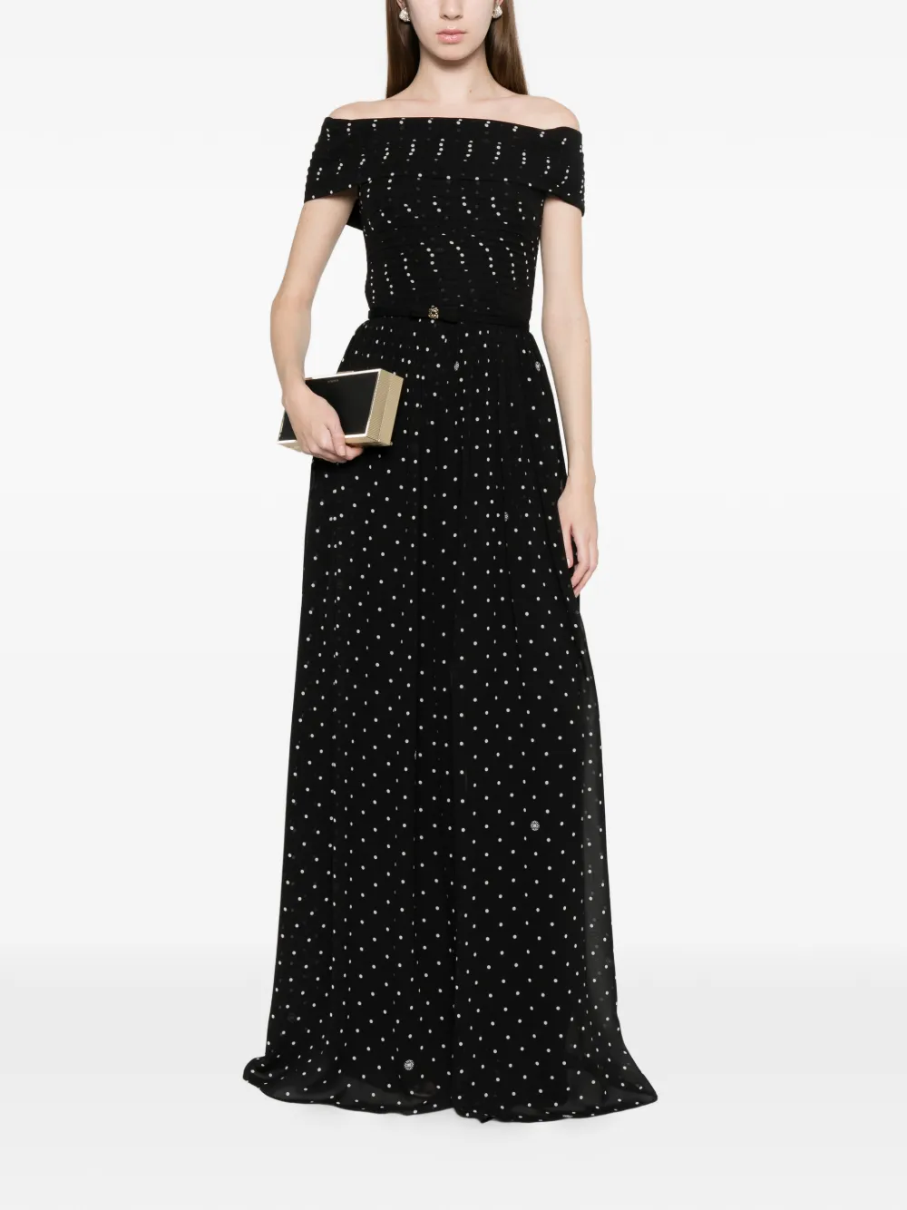 Elie Saab Off-shoulder maxi-jurk met stippen Zwart