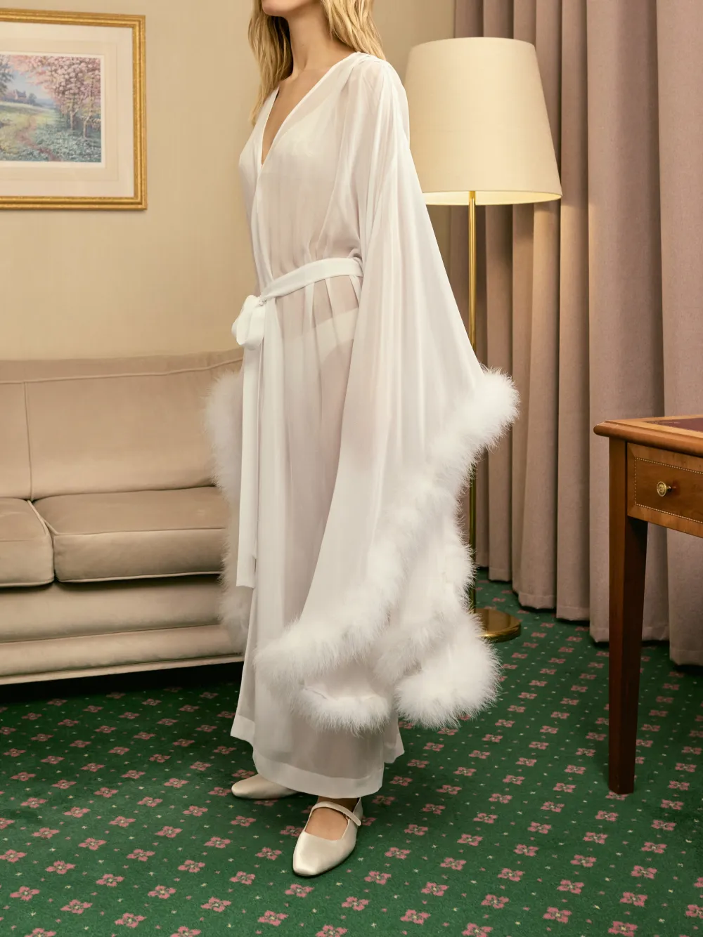  Sleeper Bata Afrodita Con Ribete De Plumas - Blanco 