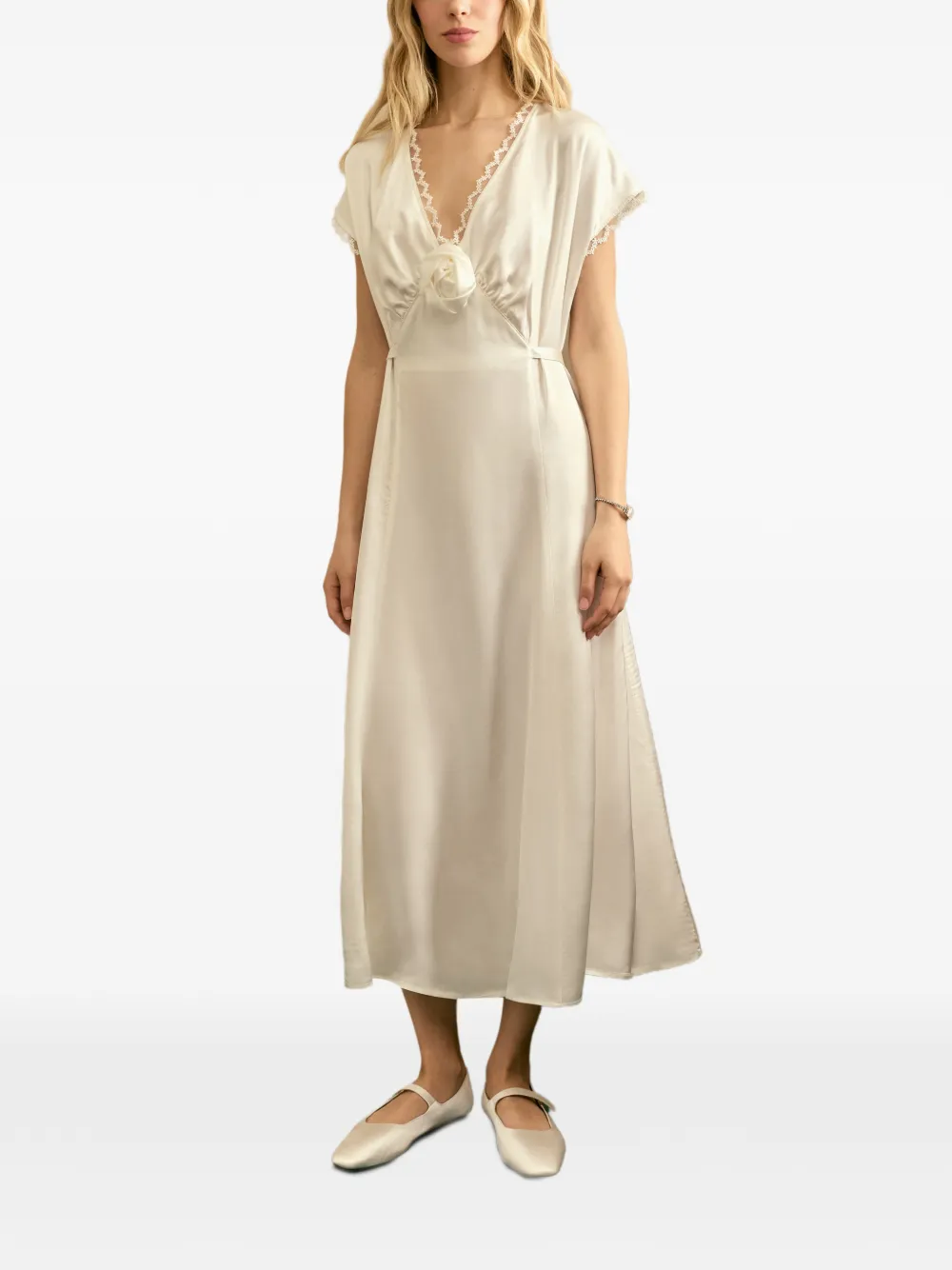 Genus Rosa Lace-Trim Satin Midi Dress