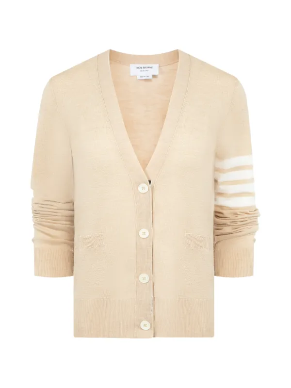Thom Browne Merino Wool 4-Bar Relaxed Fit V-neck Cardigan in Neutrals