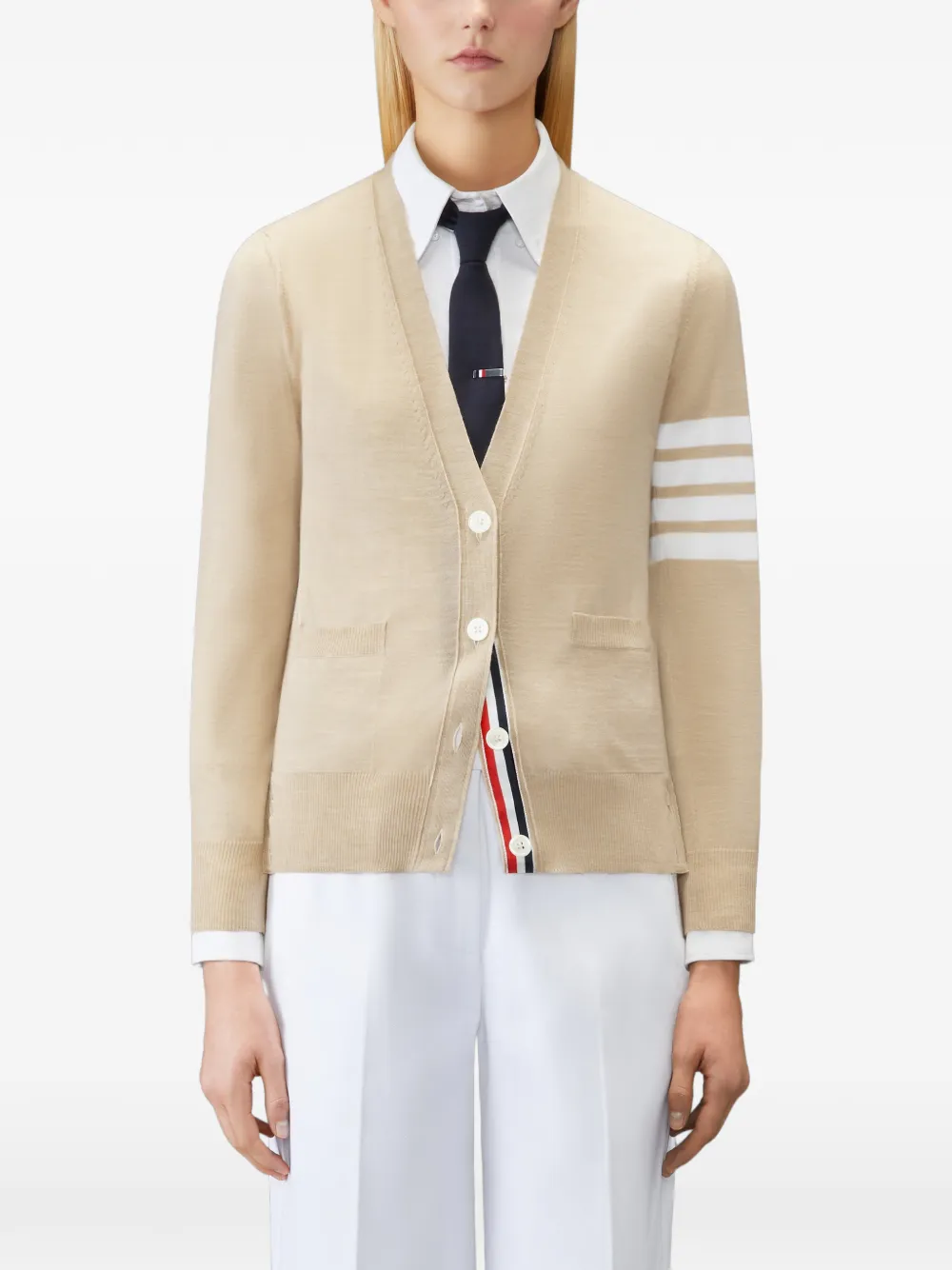 Thom Browne 4-Bar vest van merinowol met V-hals Beige