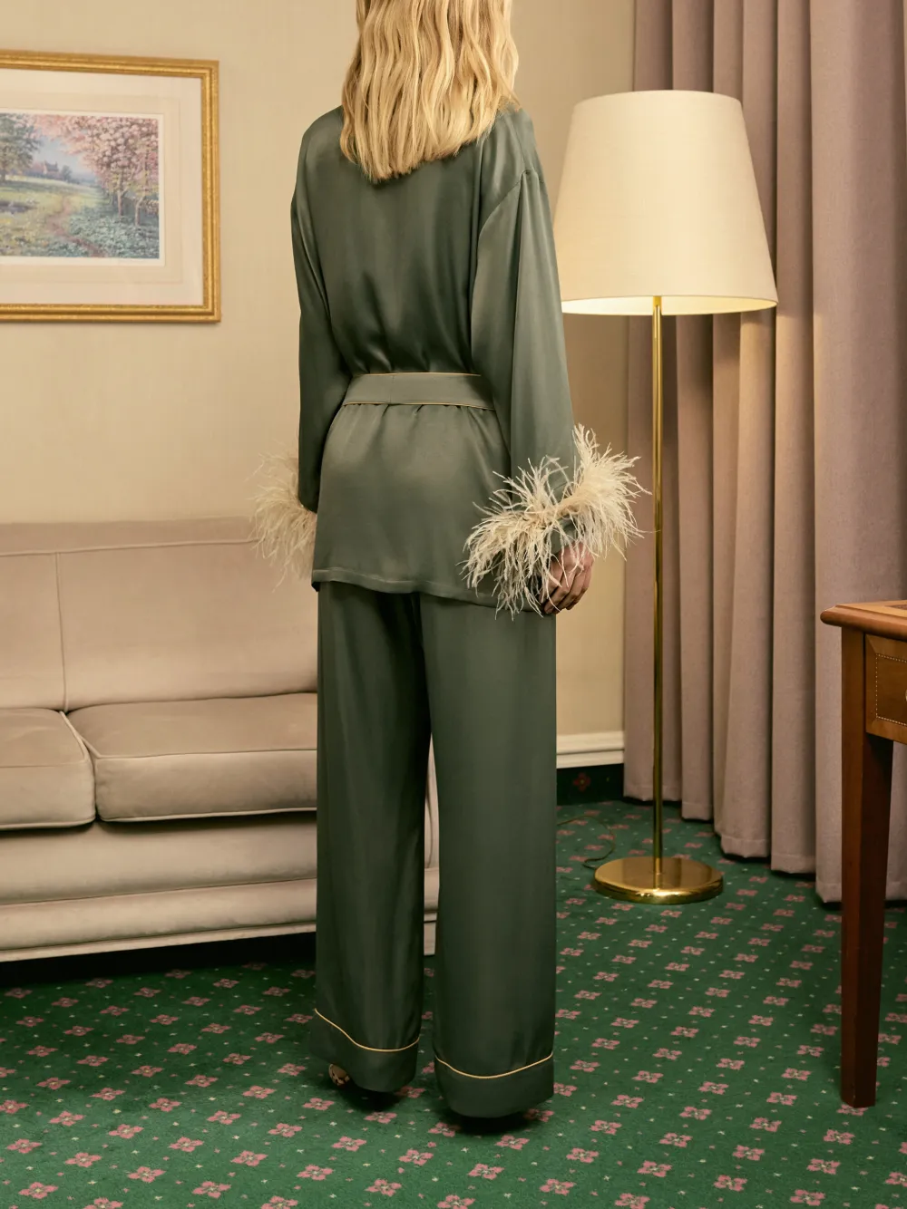 Sleeper 미스 캣 벨트 페더 트리밍 파자마 세트 In Green