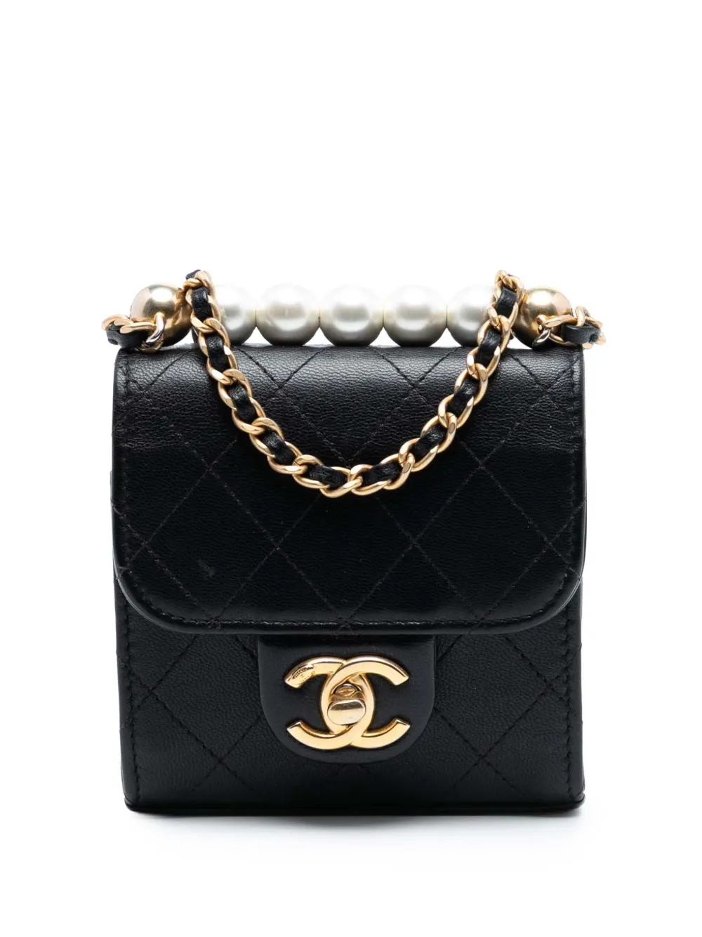 CHANEL Pre-Owned Borsa a tracolla Mini Chic in pelle di capra con perle e catena 2019 - Nero