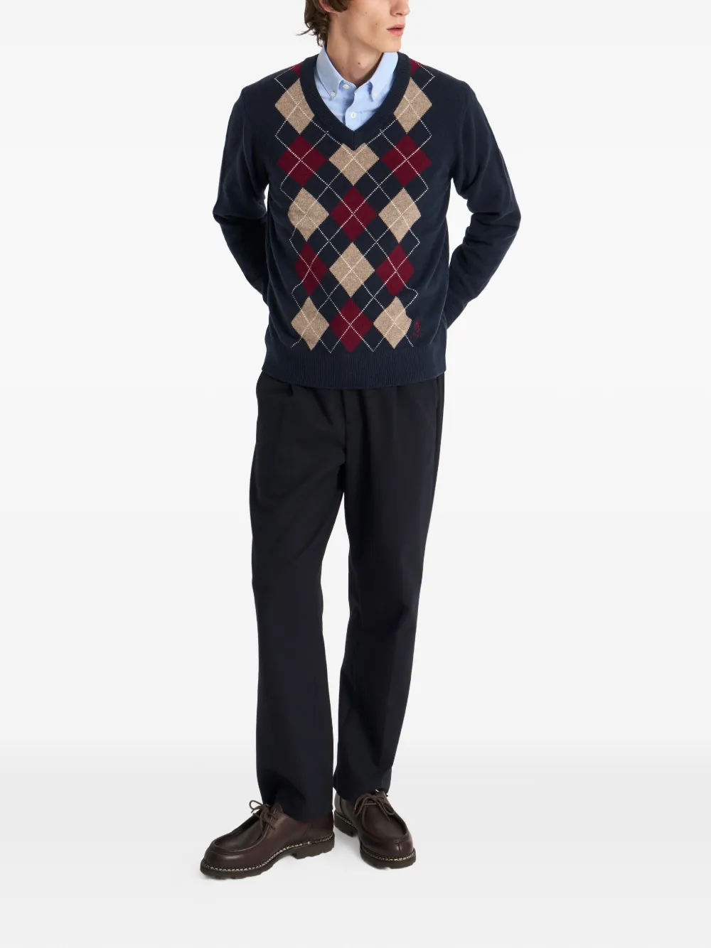 Pringle of Scotland Trui met argyle-patroon en V-hals Blauw