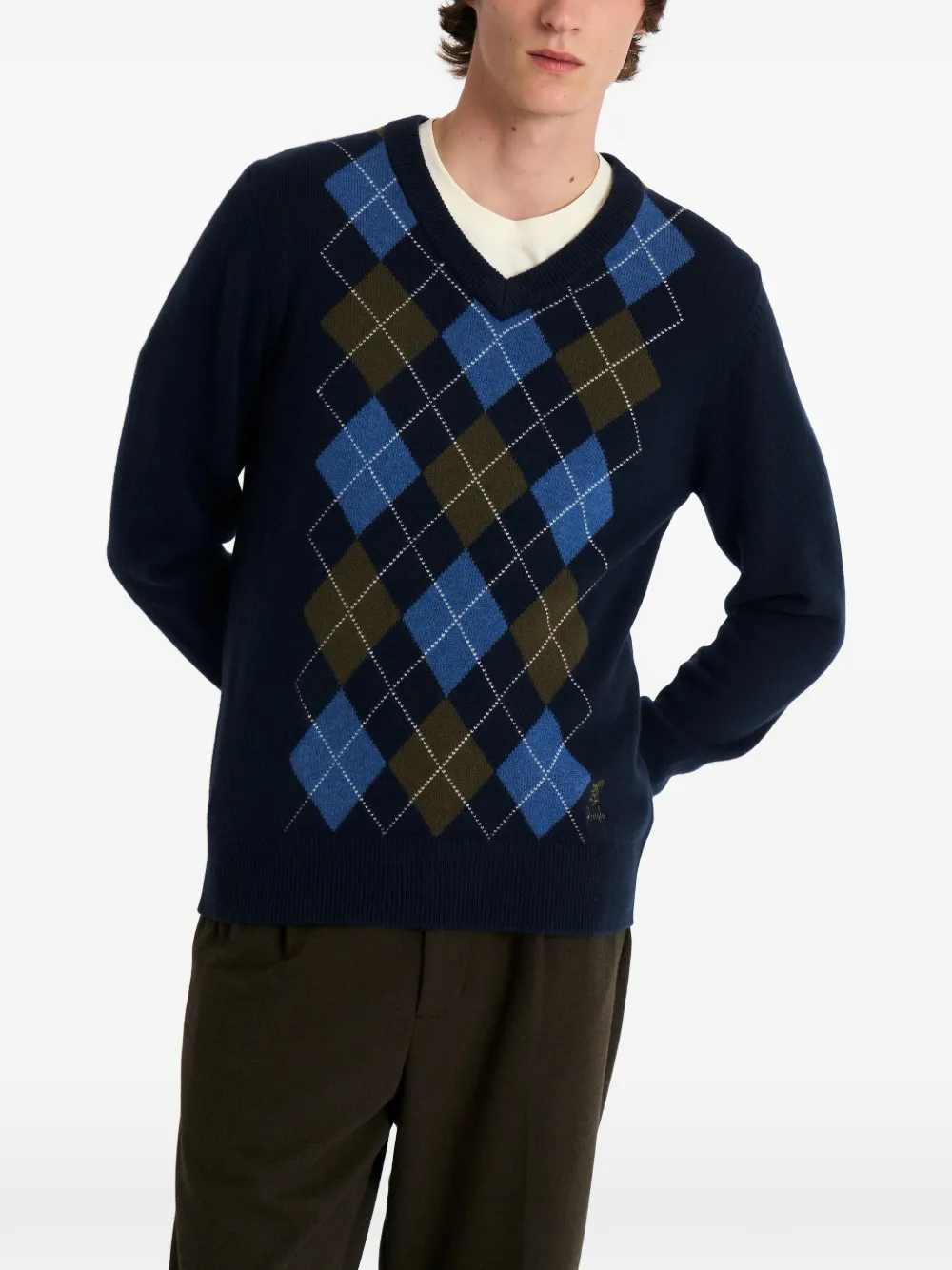 Pringle of Scotland Trui met V-hals en argyle-patroon Blauw