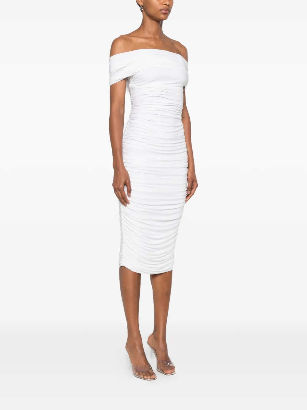 Norma Kamali Off-shoulder midi-jurk met ruches Wit