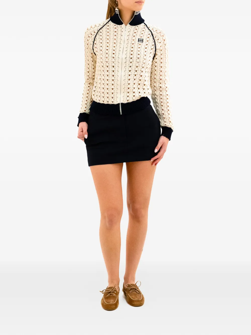  Miu Miu Openwork Zip-up Cardigan - Neutrals 