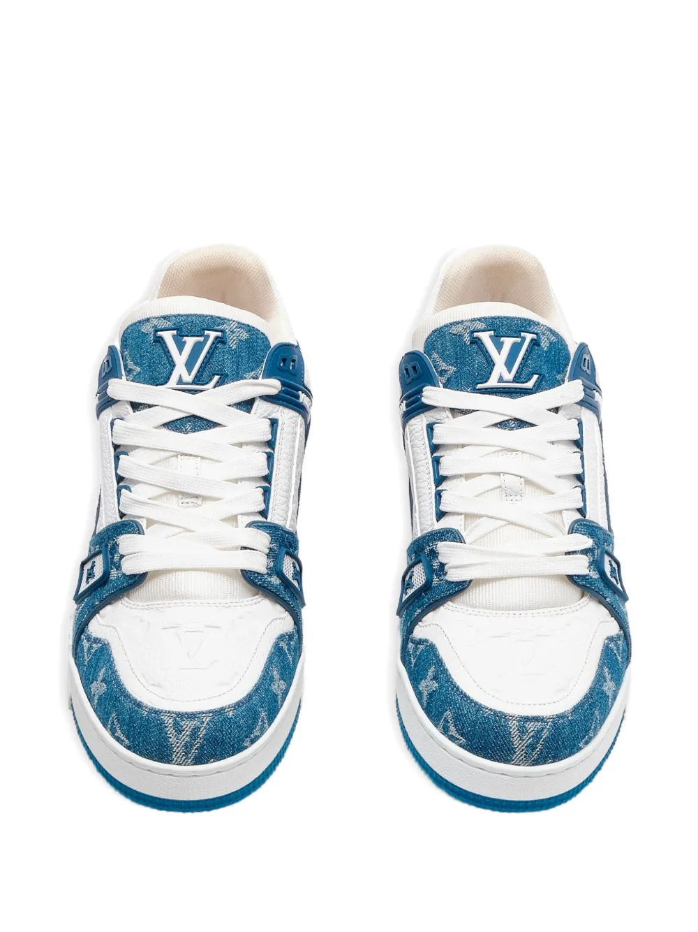 Louis Vuitton Pre-Owned LV Trainer denim sneakers met monogram Wit