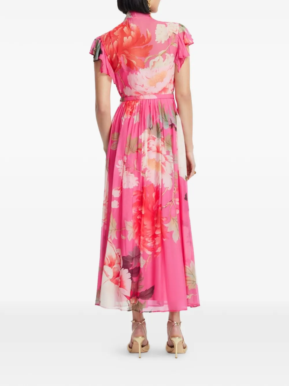 Leo Lin Grace midi-jurk met ruches en bloemenprint Roze