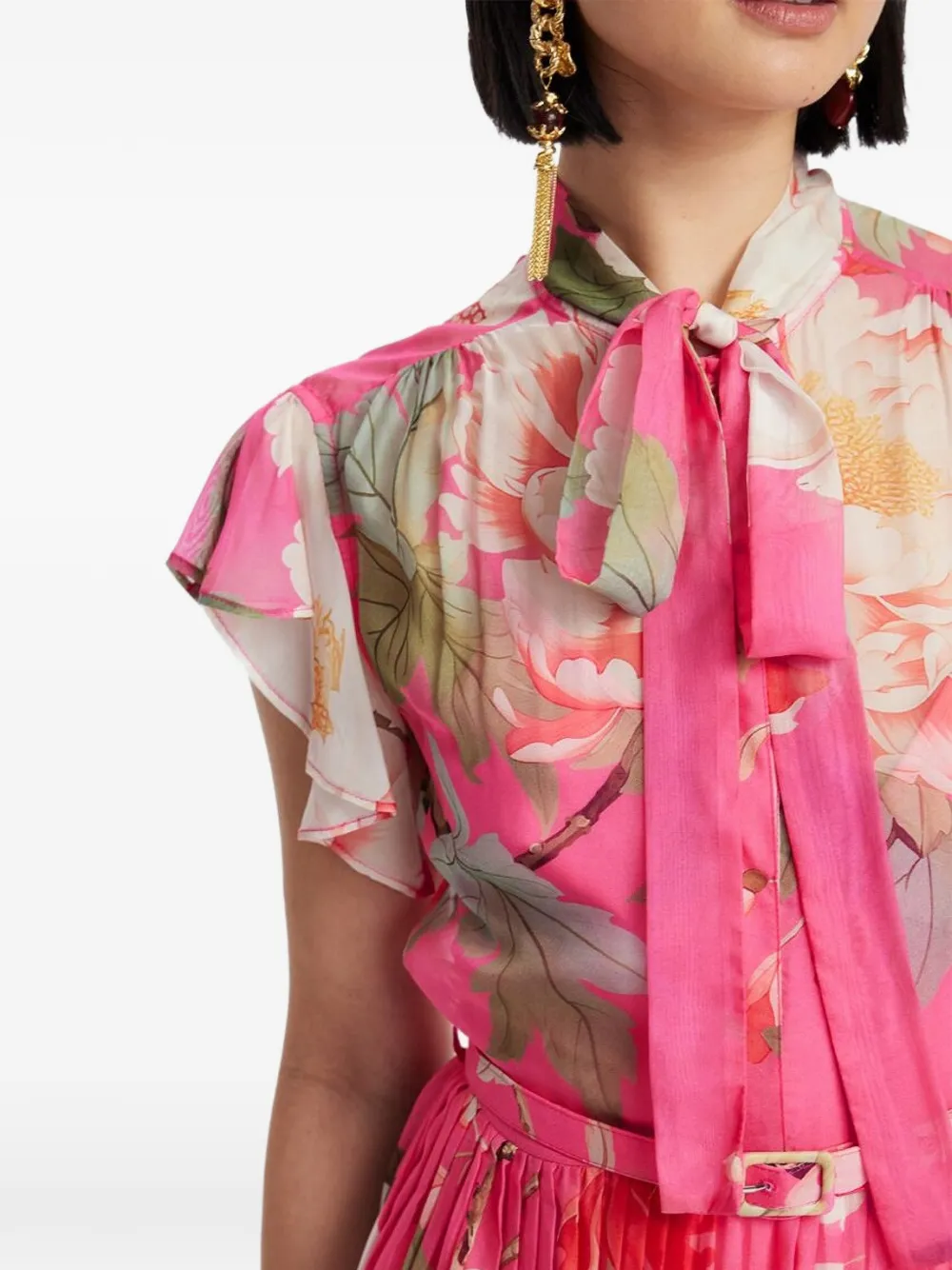 Leo Lin Grace midi-jurk met ruches en bloemenprint Roze