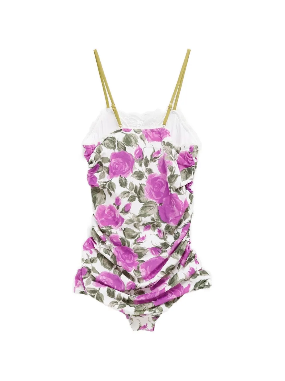 Chloé Bow-detailed Ruched Lace-trimmed Floral-print Swimsuit In Multi