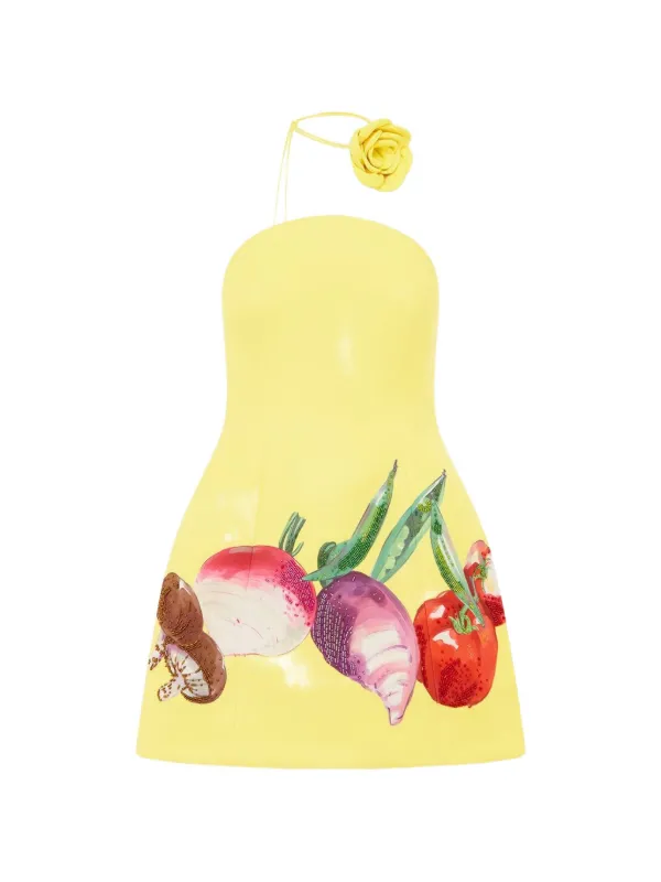 Leo Lin Zaria Floral Appliqué Mini Dress in Yellow