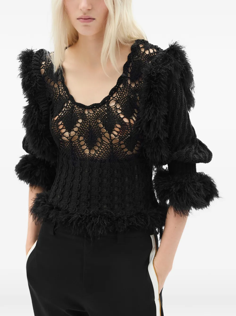 Ann Demeulemeester Dudu feather-trim scallop-neck sweater - Nero