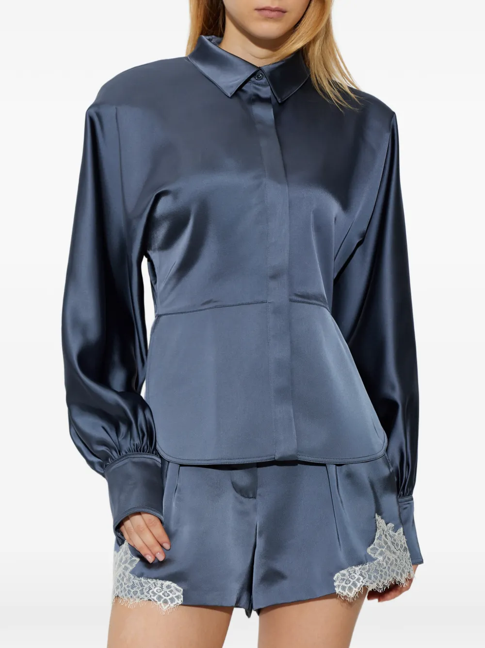  Iro Button Balloon-sleeve Shirt - Blue 