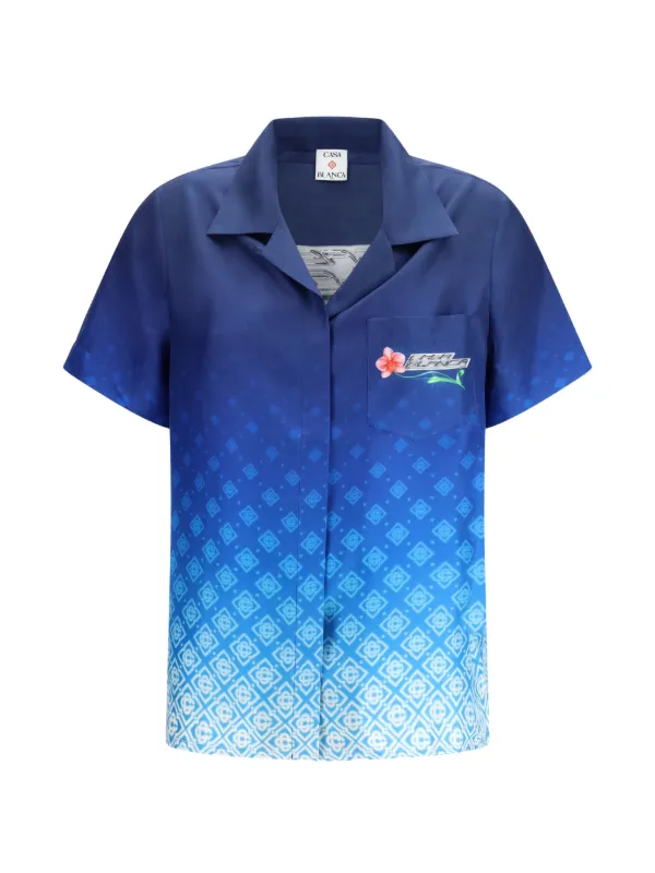Casablanca Orchid Monogram Short Sleeve Silk Shirt in Blue
