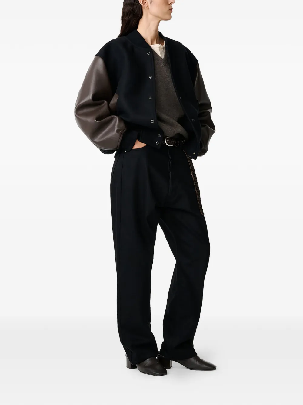  Studio Nicholson Alph Leather-sleeve Bomber Jacket - Black 
