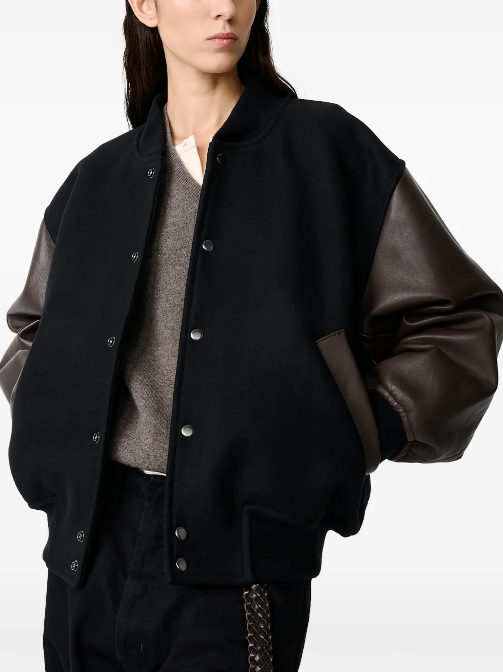 Studio Nicholson Alph leather-sleeve Bomber Jacket | Black | FARFETCH