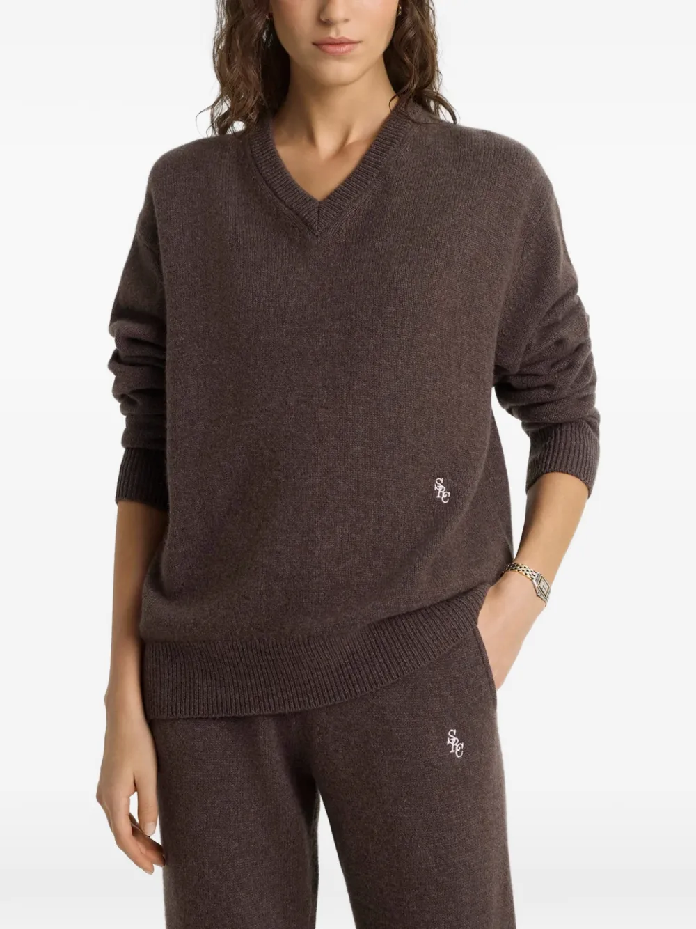 Sporty & Rich V-neck embroidered-logo sweater - Marrone