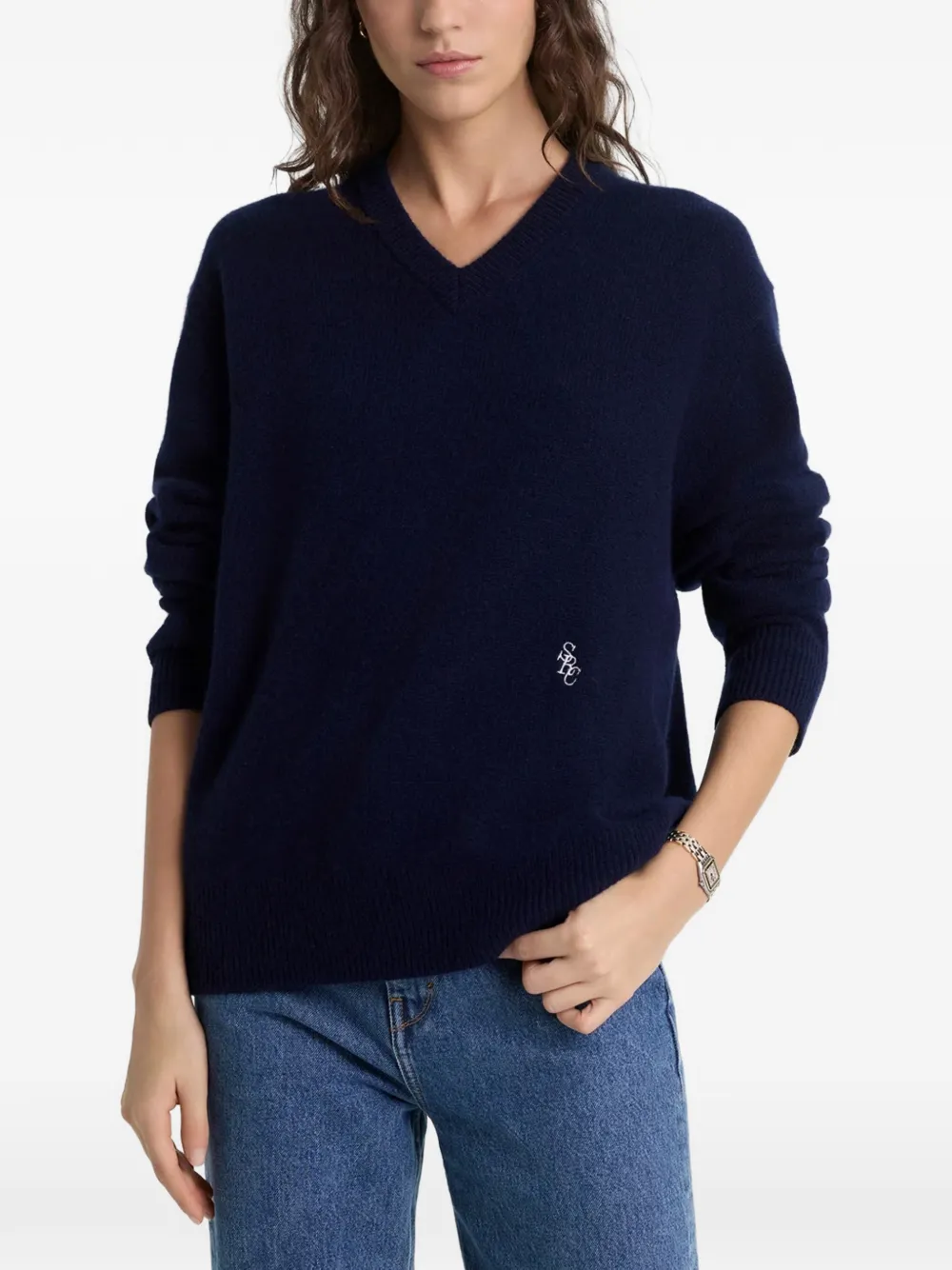 Sporty & Rich V-neck embroidered-logo sweater - Blu
