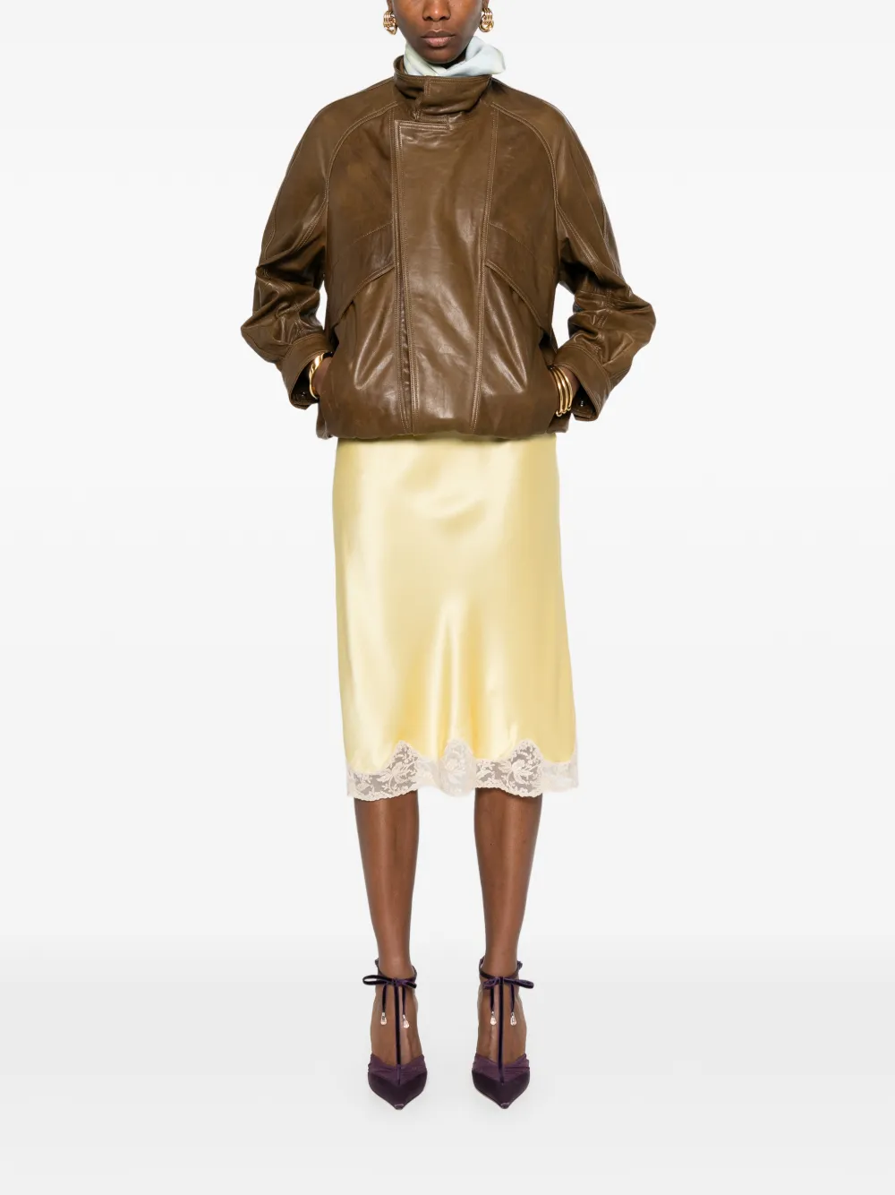  Saint Laurent Lace-trim Midi Skirt - Yellow 