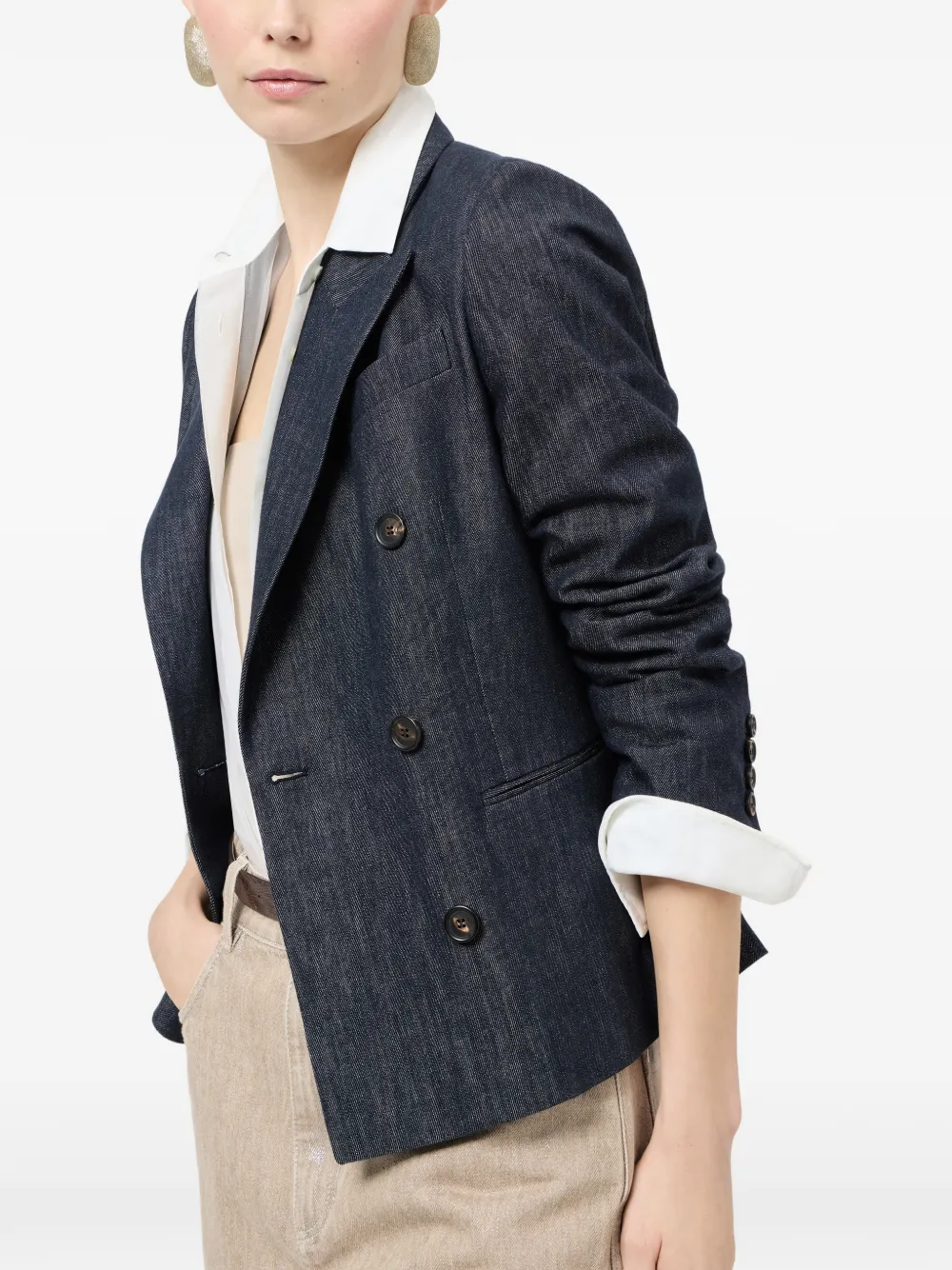 Brunello Cucinelli Katoenen twill blazer met monili en denim-effect Blauw