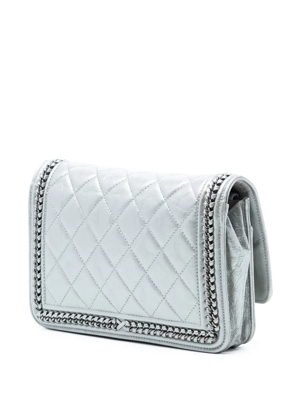  Chanel Pre-owned 2016-2017 Quilted Crinkled Metallic Calfskin Boy Piped Wallet On Chain Crossbody Bag - Silver 